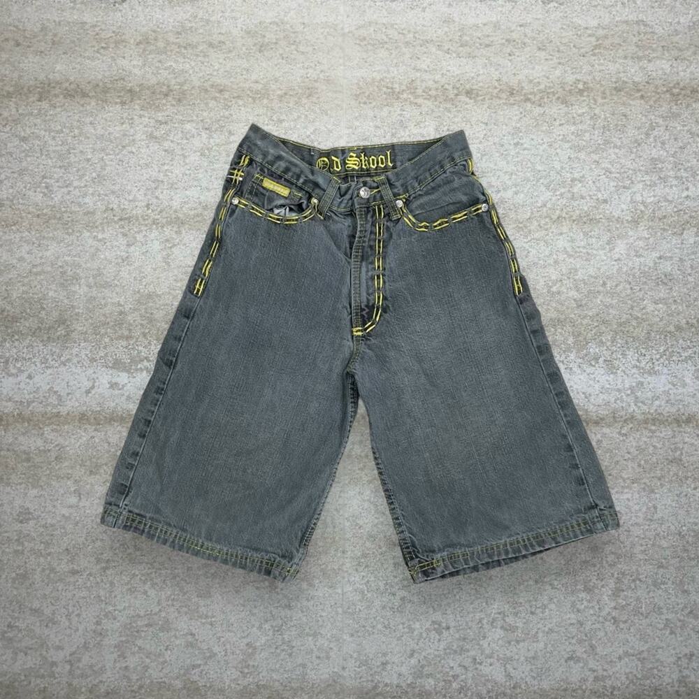 Vintage Y2K Skater Jean Shorts 24x11 Grey Wash Yellow Old Skool Denim Rap Style - Picture 2 of 5